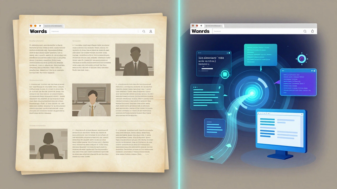 Статичная веб-страница слева, живая интерактивная — справа, разделённые светящейся линией.