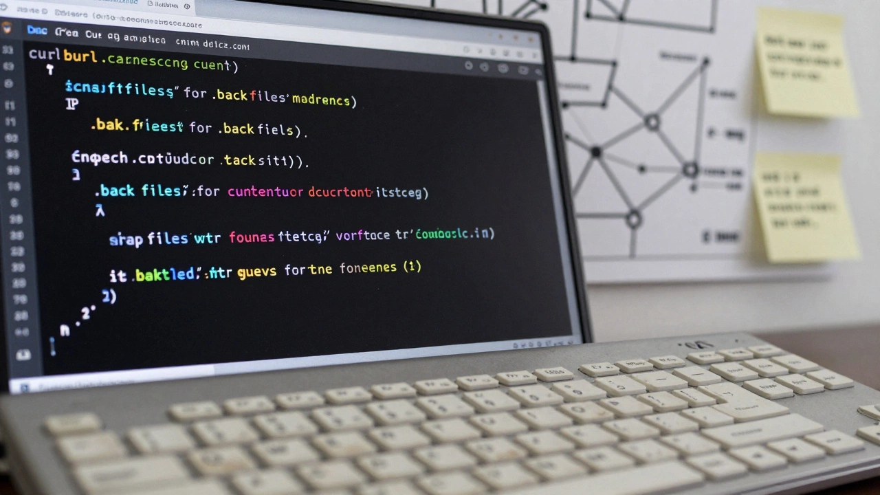 Терминал Linux запускает Bash-скрипт для поиска уязвимых .bak-файлов на серверах.