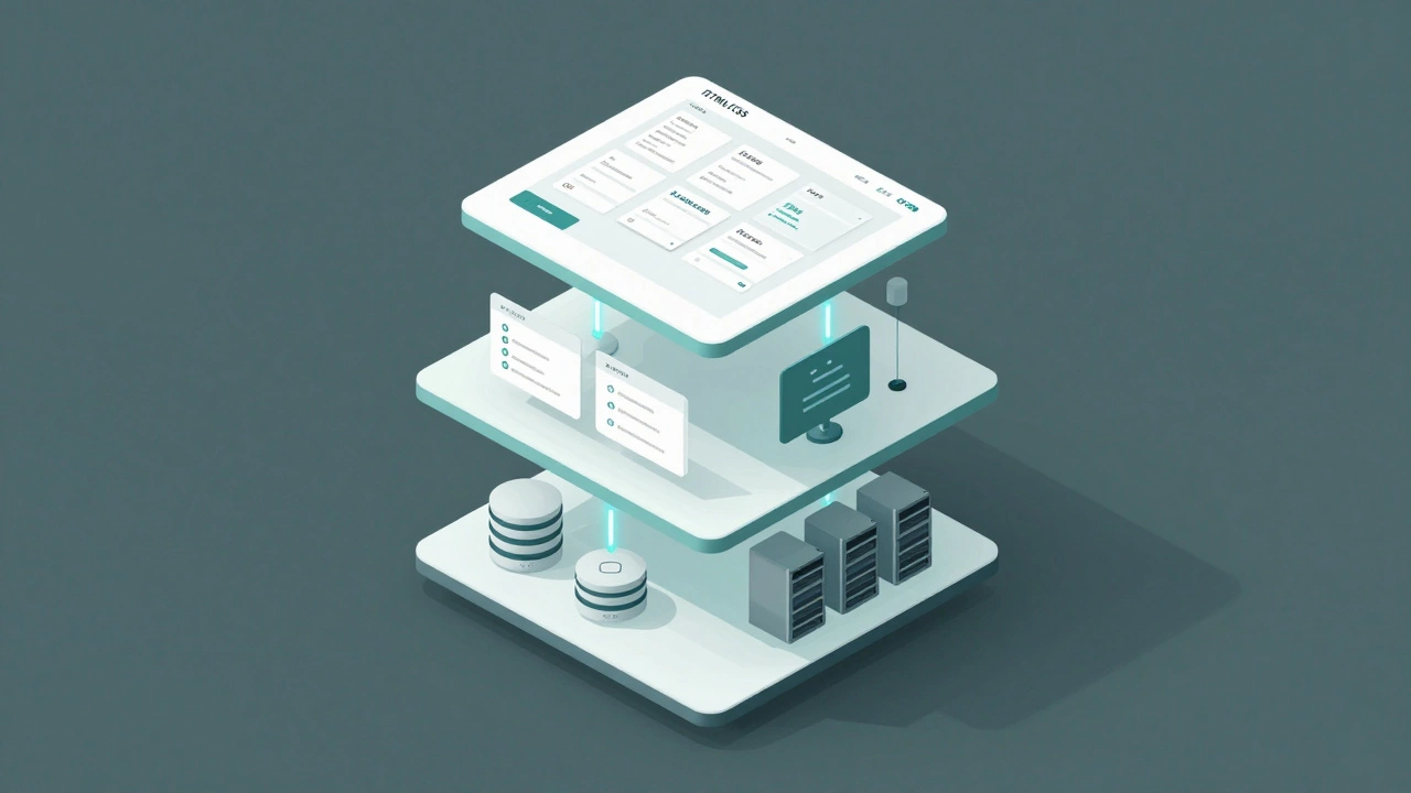 Трехслойная модель веб-сайта: PHP, JavaScript и HTML/CSS, соединенные светящимися линиями данных.