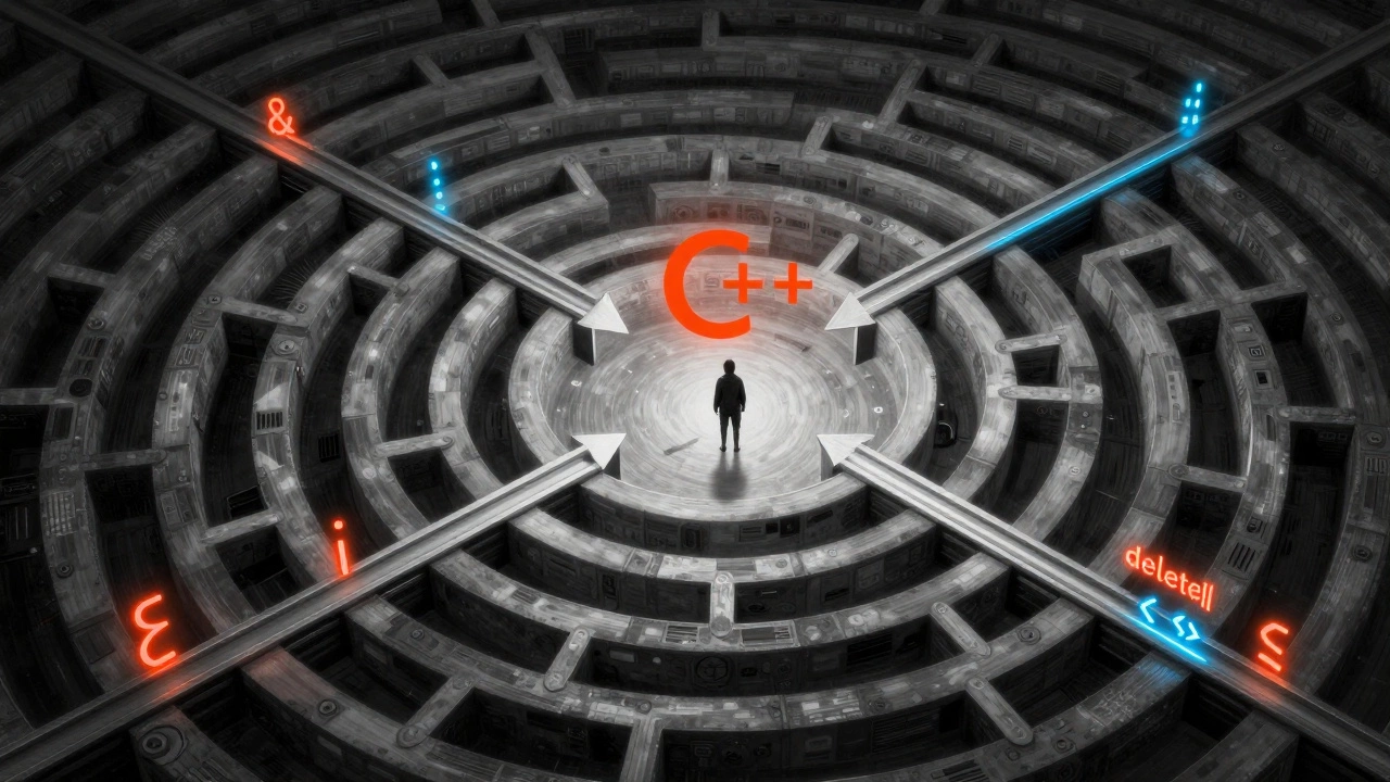 Абстрактный лабиринт C++ с указателями, шаблонами и лямбда-выражениями, переплетёнными в сложную сеть символов.