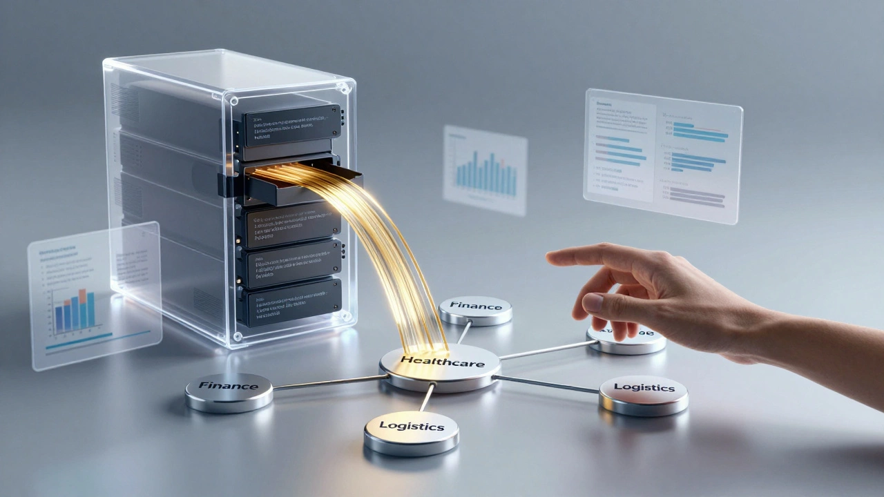 База данных с потоками SQL-запросов, соединяющих сферы бизнеса, в стиле научной фантастики.