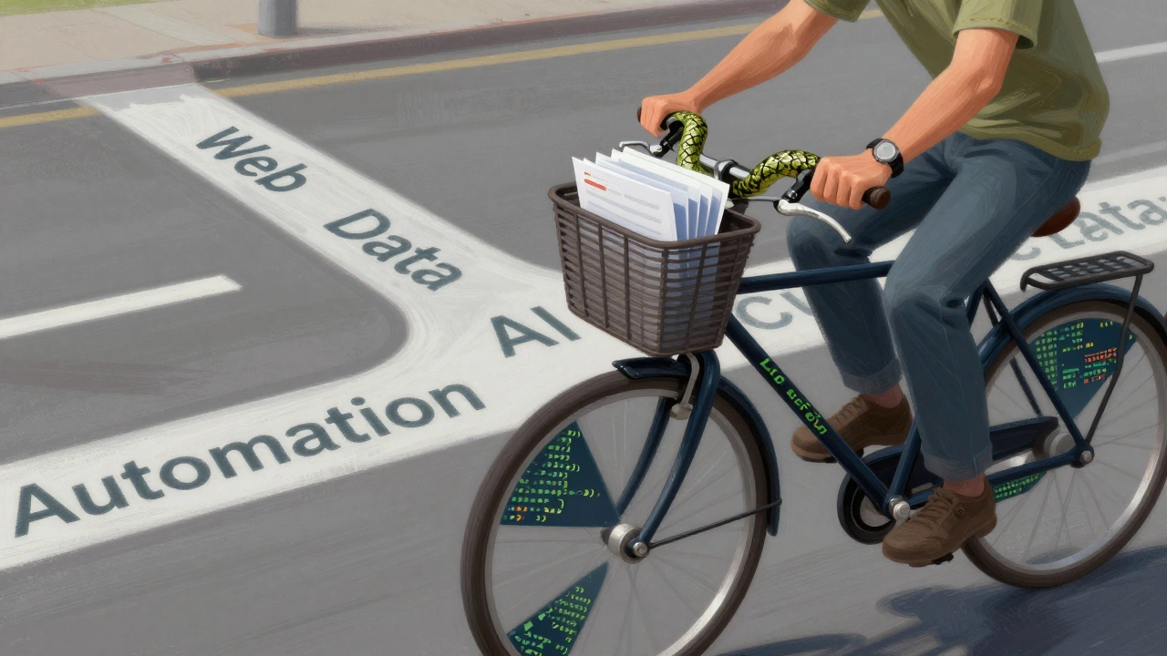 Человек едет на велосипеде с змеями Python, выбирая путь в IT