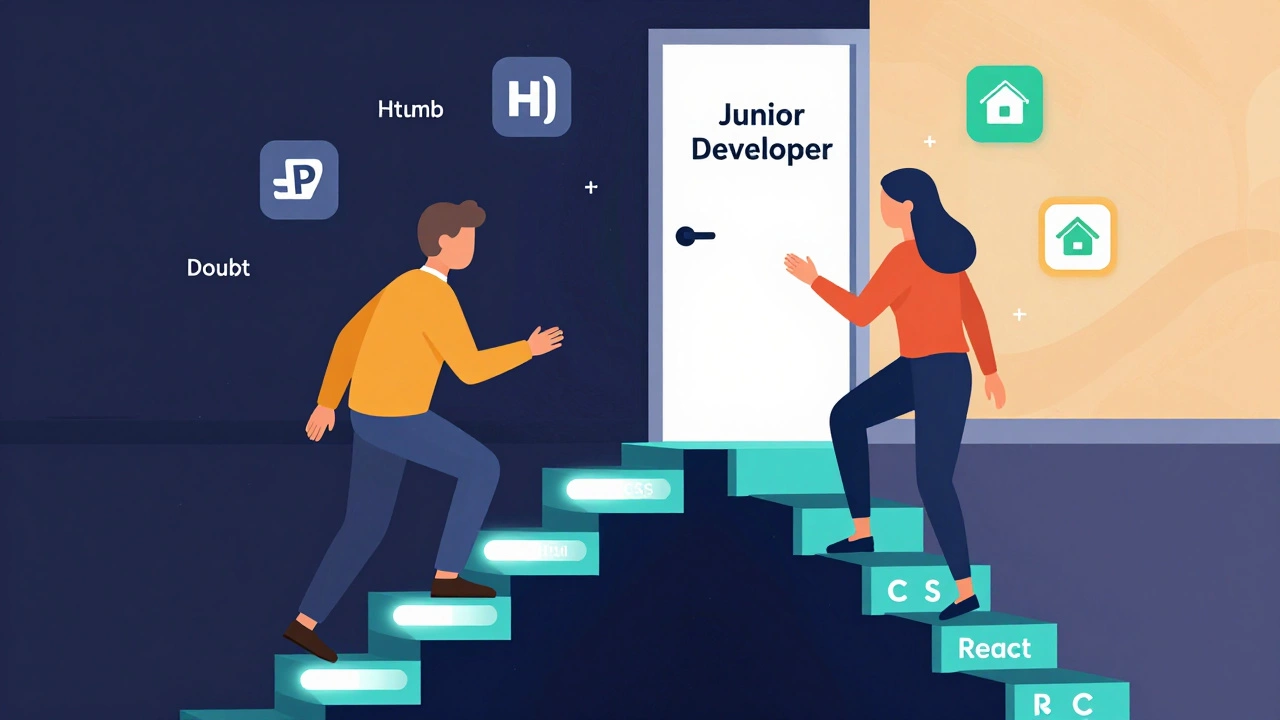 Человек поднимается по лестнице из кода, ведущей к двери junior-разработчика, вокруг — значки учебных ресурсов.