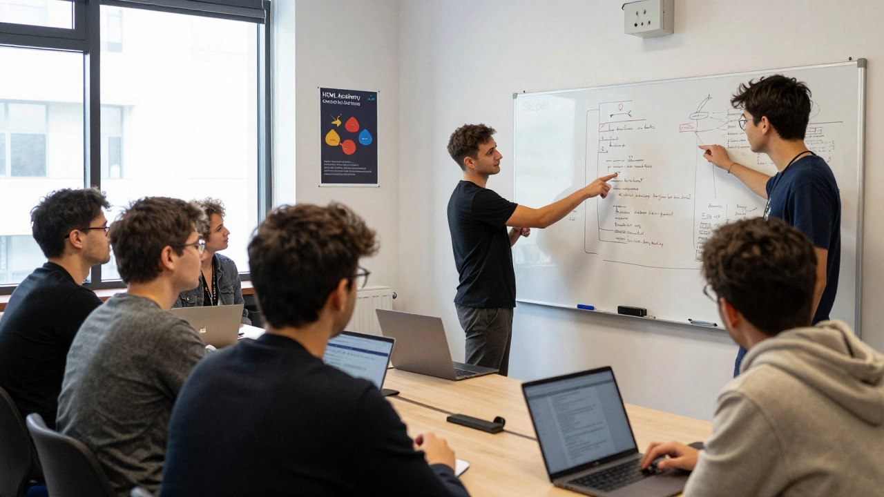 Люди разных возрастов на бесплатном IT-митапе в технопарке, обсуждают код у доски.