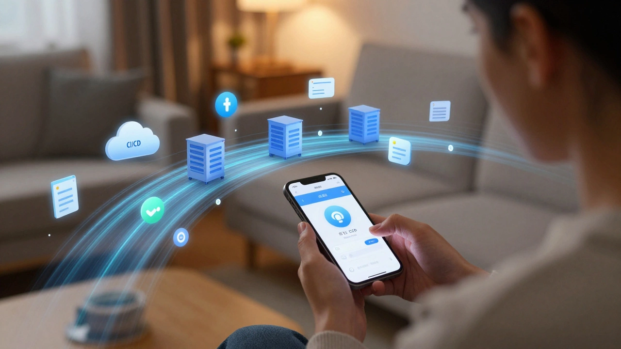 Пользователь использует приложение, а за ним — автоматизированный процесс развертывания.