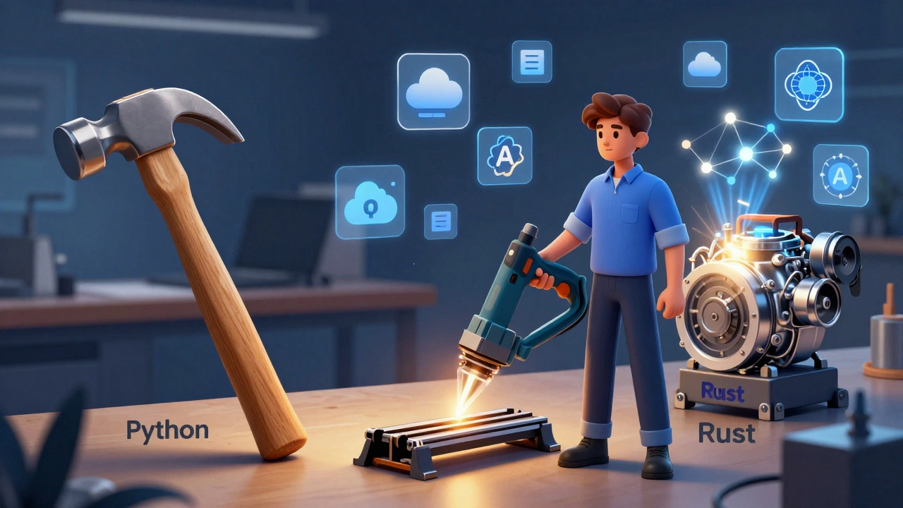 Рабочая мастерская с инструментами-языками: деревянный молоток, лазерный резак и светящийся двигатель, символизирующие Python, Rust и Go.