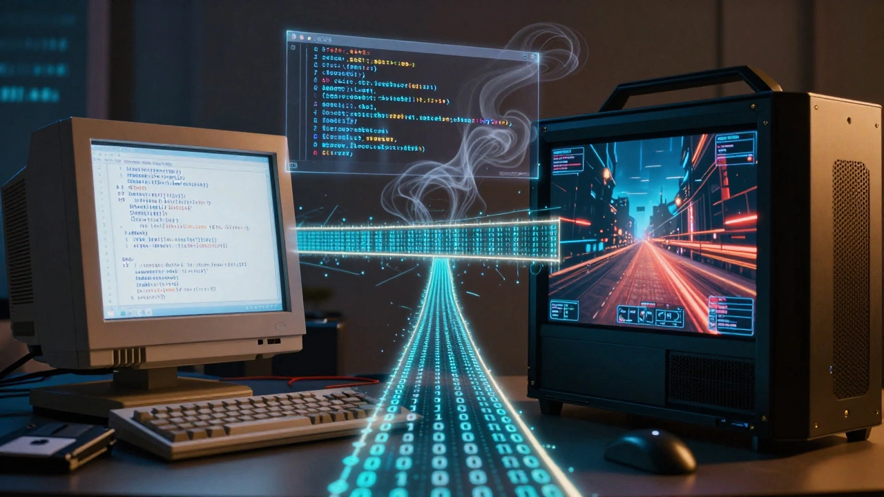 Разделённый экран: старый компьютер слева, современная игра справа, соединённые мостом из кода C++.