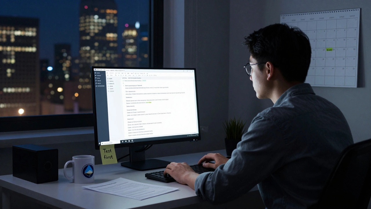 Разработчик ночью смотрит на ошибку в коде, на столе — история коммитов Git и заметка 'Тестируй первым'.