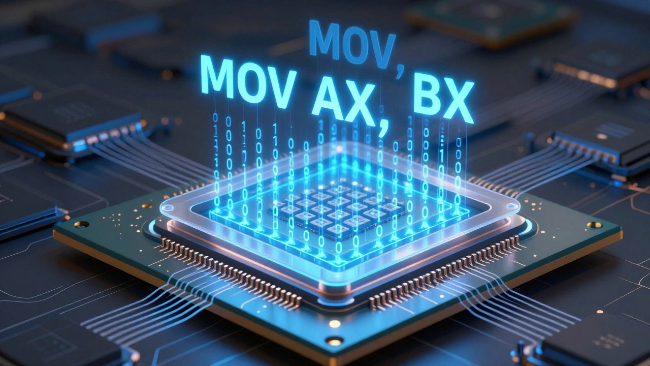 Разрез процессора с плавающими командами ассемблера, переходящими в потоки двоичных сигналов.