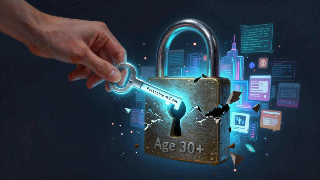 Рука вставляет ключ 'Первая строка кода' в замок 'Возраст 30+', замок разрушается, открывая город веб-проектов.