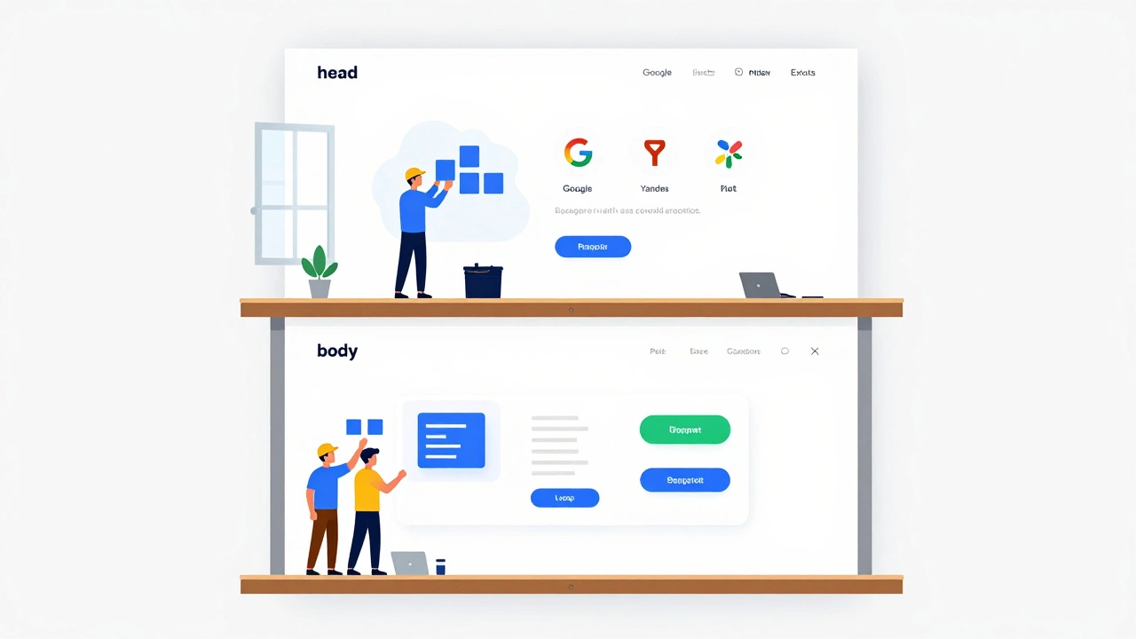 Веб-сайт как здание: верхний этаж с аналитикой, нижний — с интерактивными элементами.